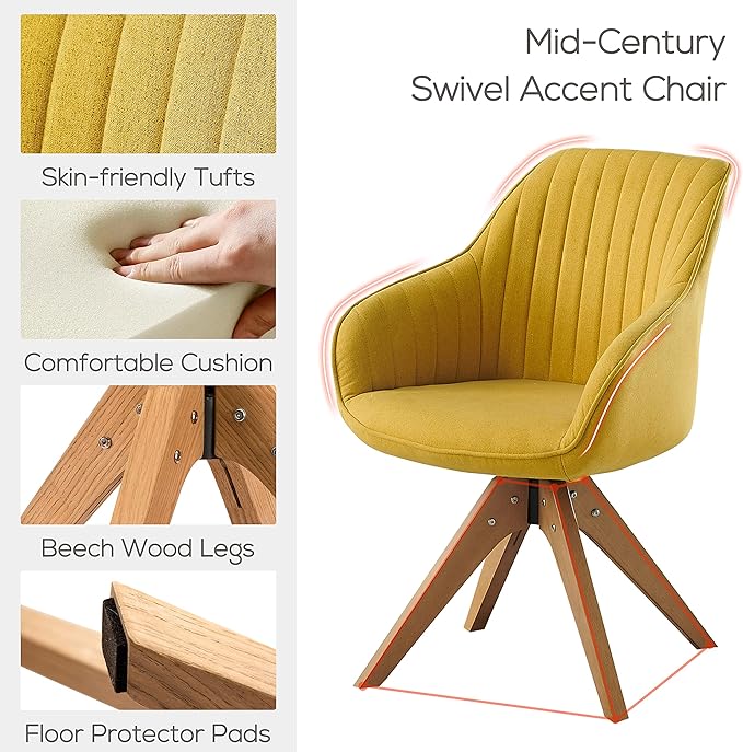 Art Leon Mid Century Modern Swivel Accent Chair with Solid Wood Legs, Desk Chair No Wheels, Armchair for Desk, Medium Yellow
