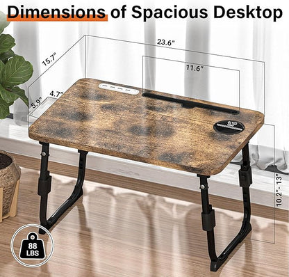 DECOSIS Laptop Desk for Bed Height Adjustable, Lap Bed Table with USB/Storage Drawer/Cup Holder/Tablet Stand/Book Shelf, Foldable Breakfast Tray Portable for Reading Writing, Sofa & Floor, Carbonized