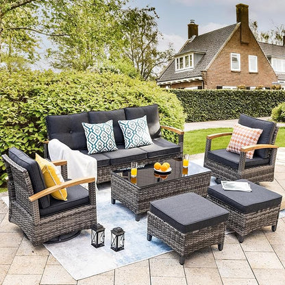 MEISSALIVVE Patio Furniture Sets, 6 Pieces Outdoor Rattan Furniture Conversation Sets with 2 Wood Armrests Swivel Rocker Chairs, 2 Ottoman, 3-Seat Sofa and Coffee Table(Grey)