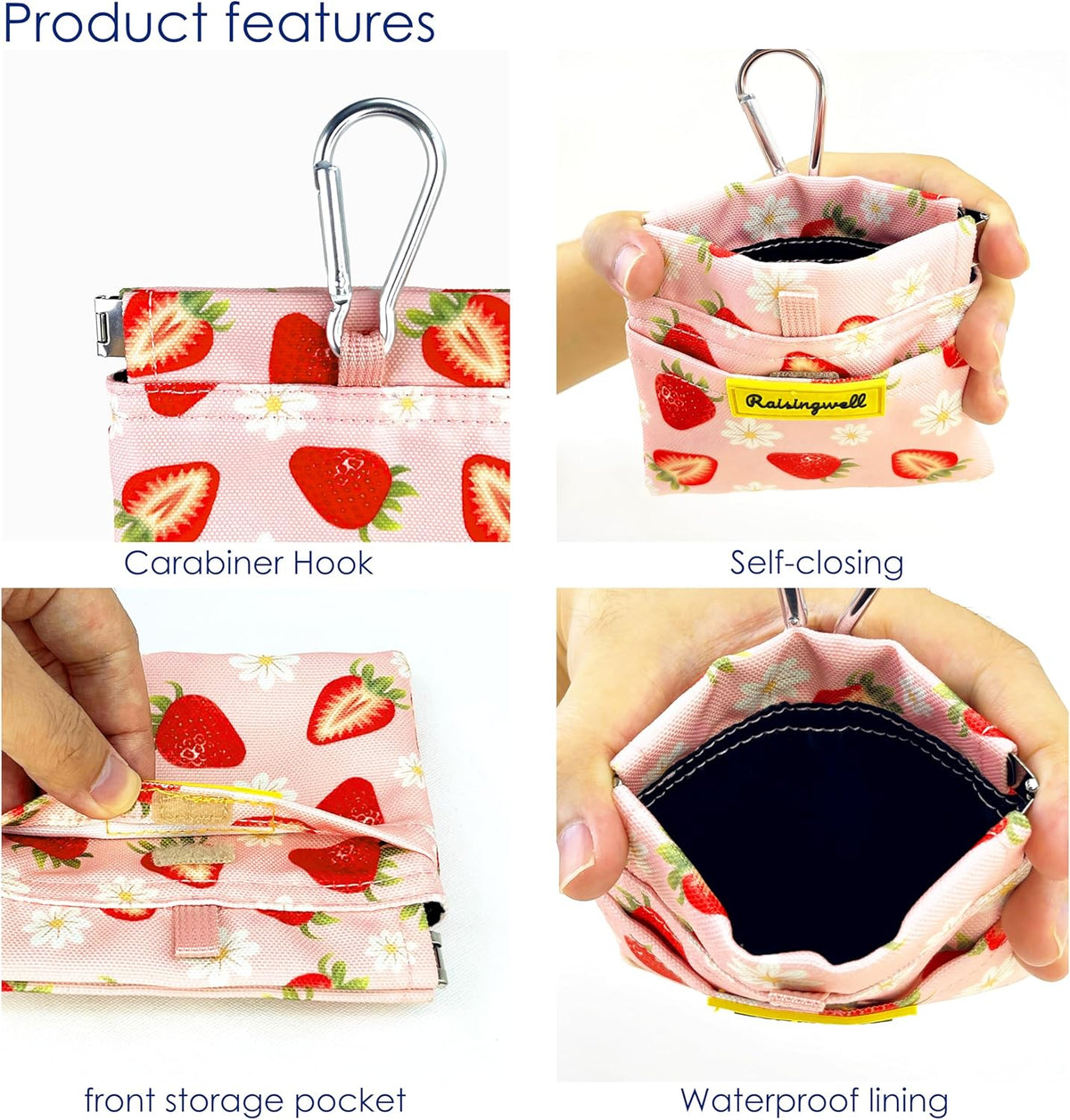 Dog Treat Pouch,Cotton Pocket Sized Training Holder, Hand Free Walking Funny Bag with Carabiner, Self-Closing Pet Feed Snack Reward, Behavior Aids for Puppy Travel or Outdoor Use（Strawberry）