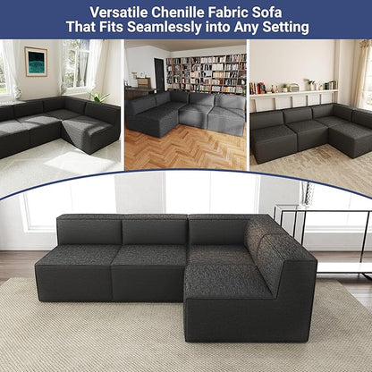 97" Sectional Compressed Sofa Modular Couches,High-Density Foam No Assembly Required,3-Piece(1xCorner 3xArmless) for Living Room, Chenille Dark Grey