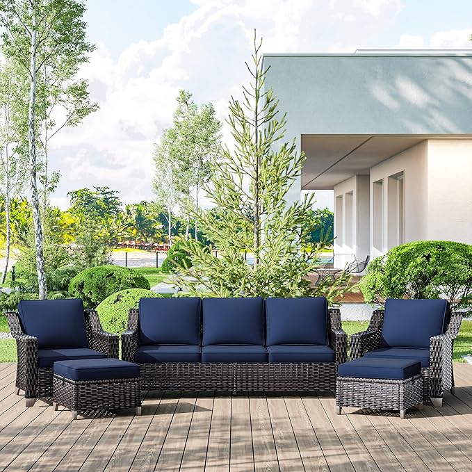 5 Pieces Wicker Patio Furniture, Luxury Outdoor Conversation Sets with 2 Patio Rattan Chair, 3-Seater Sofa, 2 Patio Ottoman, Wide Armrest, Thickened Cushions, Ideal for Deck, Porch Use