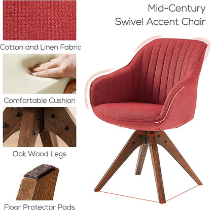 Art Leon Desk Chair No Wheels - Mid Century Modern Office Chair, Swivel Accent Chair with Oak Wood Legs, Fabric Upholstered Arm Chair, Red