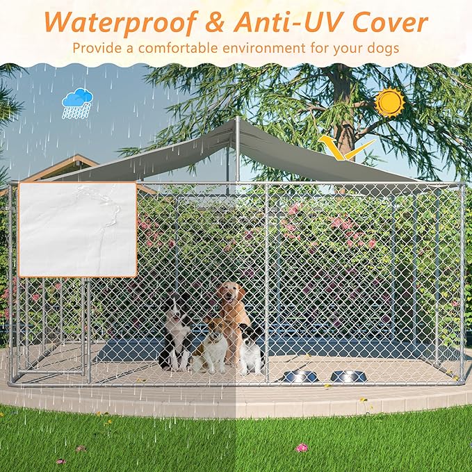 Outdoor Dog Enclosure Heavy Duty Dog Kennel House Mesh Outside Galvanized Chain Link Dog Run with Roof,Dog Cage Large Dogs Dog Pen Pet Kennel W/Waterproof Anti-UV Cover&Secure Lock for Large Dog