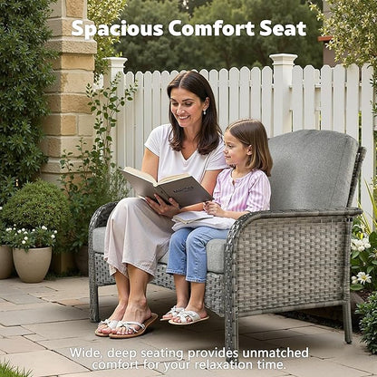 CAODOC 4-Piece Wicker Patio Furniture Set, All-Weather Rattan Conversation Bistro Loveseat Chair and Table Set for Backyard, Balcony and Deck with Soft Cushions and Metal Table(Dark Gray)