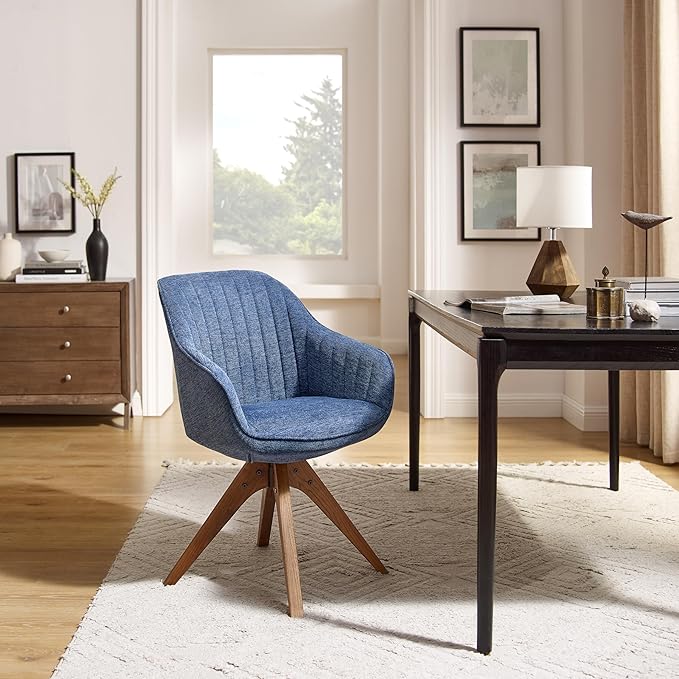 Art Leon Desk Chair - Mid Century Modern Office Chair No Wheels, Swivel Accent Chair with Oak Wood Legs, Fabric Upholstered Arm Chair, Blue