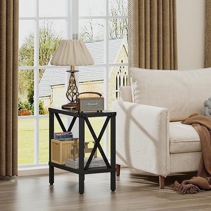 Narrow End Table, Large Sofa Side Table, Farmhouse Nightstand with Storage Shelve, Slim Bedside Table for Living, Room Bedroom, Lounge Black MLBZ17B