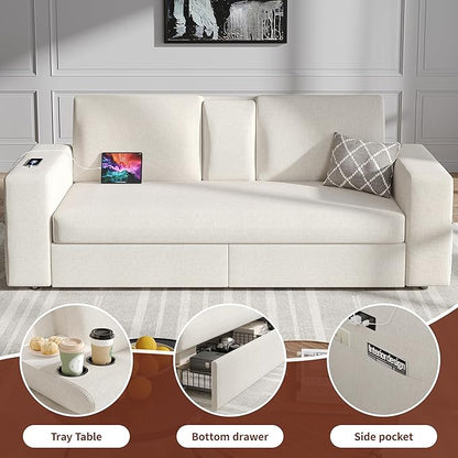 Maupvit 75” Loveseat Sofa with 2 Drawers, USB & Type-C Charging Port, Comfortable Linen Living Room Couch with Small Table Board, Upholstered Small Settee Fits Bedroom, Office,Beige