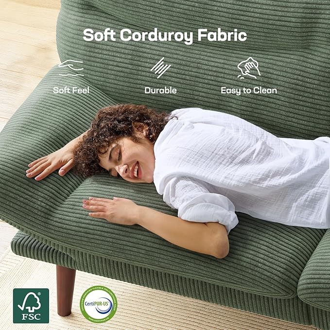 Marsail 75" Futon Sofa Bed, Futon Couch with Adjustable Backrest & Armrests, Convertible Sleeper Sofa Bed for Apartment, Living Room, Office, Corduroy Loveseat, Green