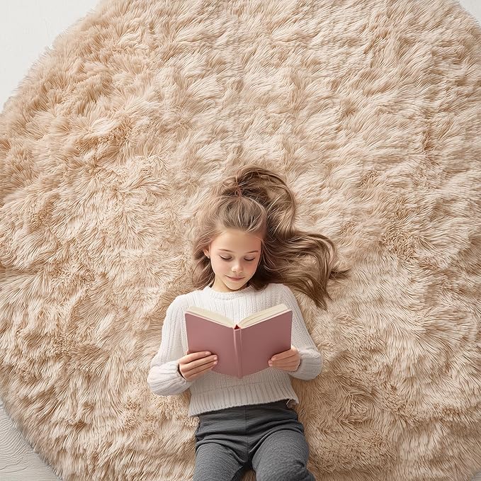 OLANLY Beige Round Rugs for Bedroom - Machine Washable, 6 ft Circle Area Rugs for Living Room, Soft and Fluffy Shaggy Carpet for Teen Girls and Boys, Nursery Rooms, Dorms, Home Decor Aesthetic