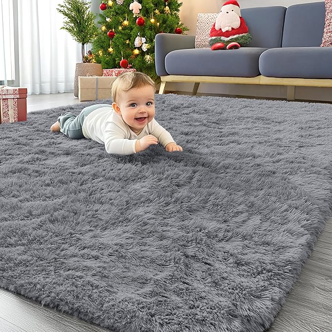 OLANLY Area Rugs for Living Room Bedroom, Machine Washable 4x5.9 ft Soft Fluffy Shaggy Bedside Rug, Indoor Floor Carpet for Kids Girls and Boys, Dorms, Nursery Rooms, Home Decor Aesthetic, Light Grey