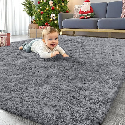 OLANLY Area Rugs for Living Room Bedroom, Machine Washable 4x5.9 ft Soft Fluffy Shaggy Bedside Rug, Indoor Floor Carpet for Kids Girls and Boys, Dorms, Nursery Rooms, Home Decor Aesthetic, Light Grey