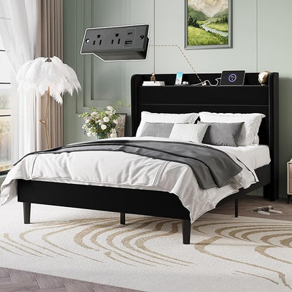 SHA CERLIN Queen Bed Frame with Charging Station, Velvet Upholstered Platform Bed, Wingback Storage Headboard, Type-C & USB Ports, Strong Wooden Slats, No Box Spring Needed, Easy Assembly, Black