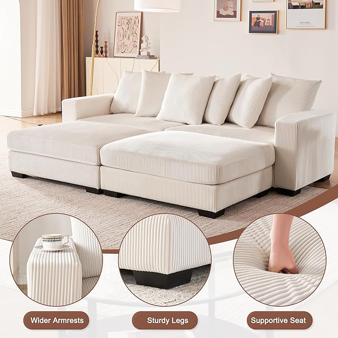 101.6" Deep Seat Corduroy Sectional Couches for Living Room, Comfy Upholstered Modular Sectional Sofa Bed, Cloud Couch with Thickened Cushions Widened Armrests,2 Seats + 2 Ottoman, Beige