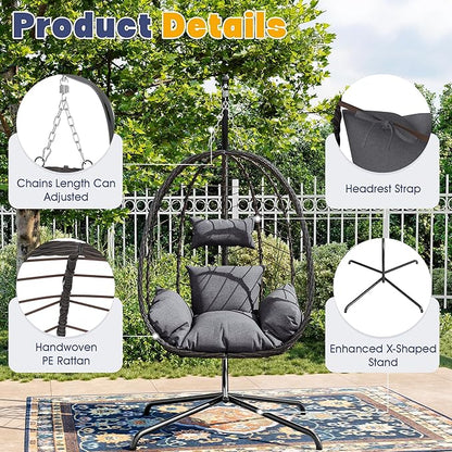 LEX CRAFT Egg Chair with Stand, Patio Wicker Hanging Chair, Hammock Swing Chair, 350LBS Capacity for Bedroom, Balcony, Garden(BR-GR)