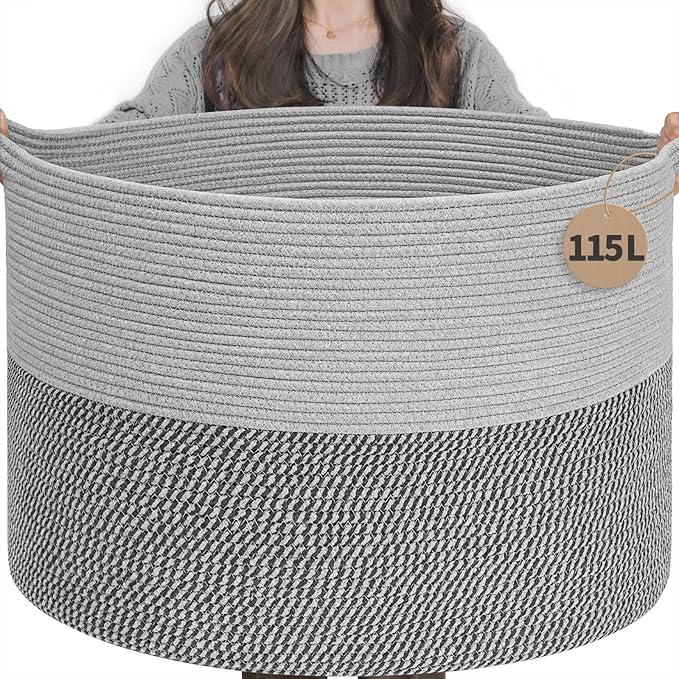 INDRESSME 115L Extra Large Blanket Basket, Cotton Rope Basket for Nursery Living Room, Decorative Woven Storage Baskets with Handles for Dirty Clothes, Toy Bin For Dog Toys, Grey