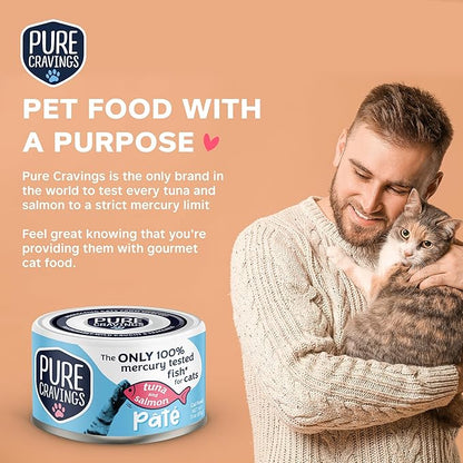 Pure Cravings Tuna and Salmon Pate, Canned Wet Cat Food, 100% Mercury-Tested, Moist Can Fish, Grain-Free Protein, Non-GMO, 12 Pack