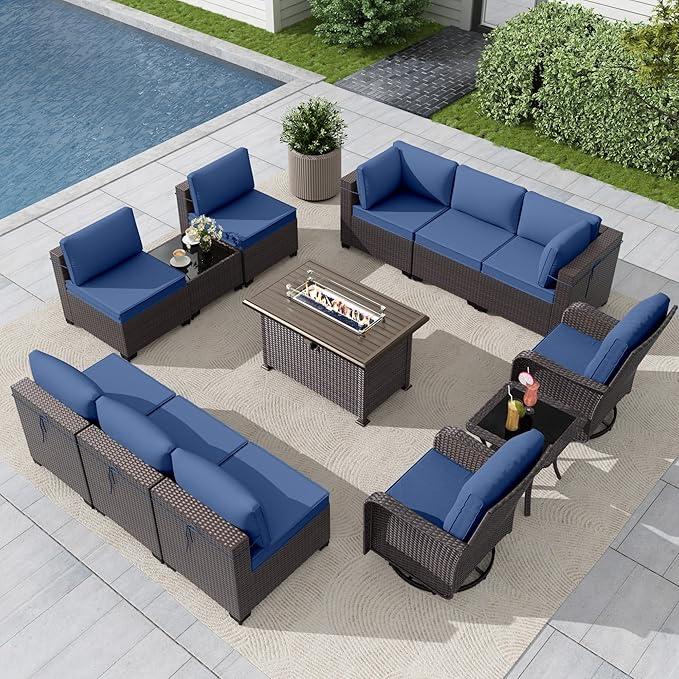 Gotland 13 Pieces Patio Furniture Set with Fire Pit Table Swivel Chairs, PE Rattan Outdoor Furniture Set with 29.5'' High Backrest 4’’ Thick Cushions Coffee Table, Patio Set for Porch, Deck, Navy