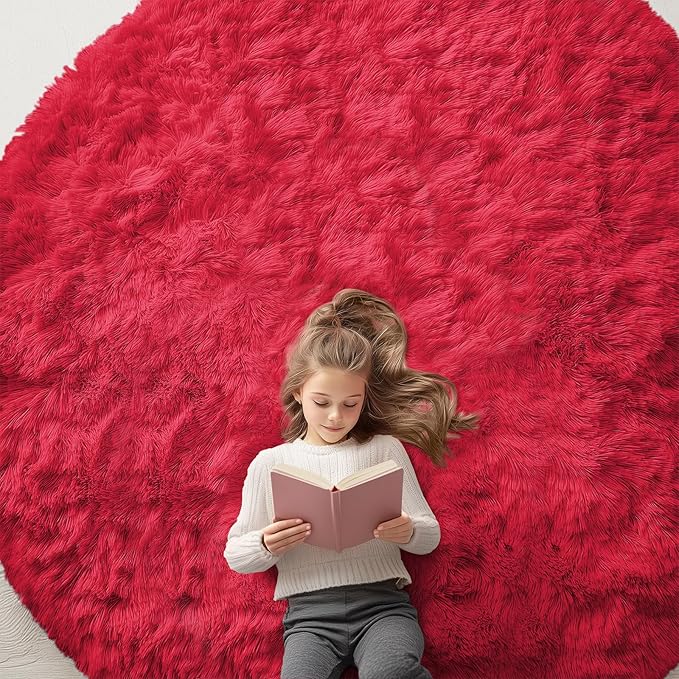 OLANLY Red Round Rugs for Bedroom - Machine Washable, 8 ft Circle Area Rugs for Living Room, Soft and Fluffy Shaggy Carpet for Teen Girls and Boys, Nursery Rooms, Dorms, Home Decor Aesthetic