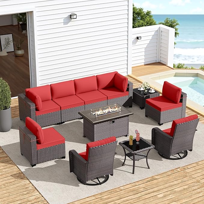 Gotland 11 Pieces Patio Furniture Set with Fire Pit Table Swivel Chairs, PE Rattan Outdoor Furniture with 29.5'' High Backrest 4’’ Thick Cushions, Outdoor Sectional for Porch, Deck, Garden, Red