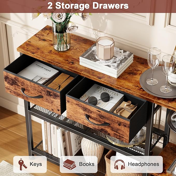 Furnulem 44'' Entryway Table, Industrial Console Sofa Table with Metal Mesh Storage Shelves, Shoe Rack Display Shelf for Front Door, Couch, Kitchen, Fabric Drawers, Rustic Brown