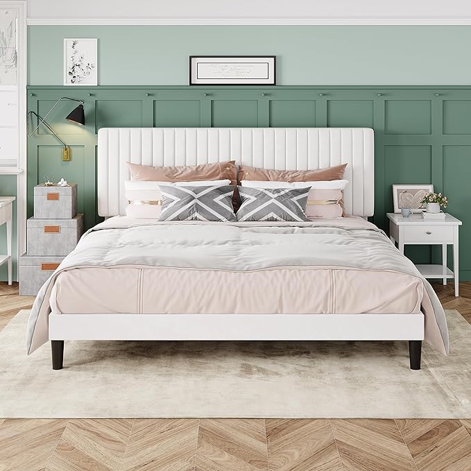 Allewie King Bed Frame, Velvet Upholstered Platform Bed with Adjustable Vertical Channel Tufted Headboard, Mattress Foundation with Strong Wooden Slats, Box Spring Optional, Easy Assembly, Off-White