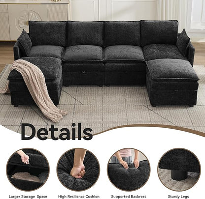 105" Cloud Modular 4 Seater Sofa with 2 Storage Ottoman, Modern Upholstered Sofa Storage Sofa Couch Deep Seat, U Shape Sectional Sofa Chenille Comfy Couch with Armrests for Living Room, Black