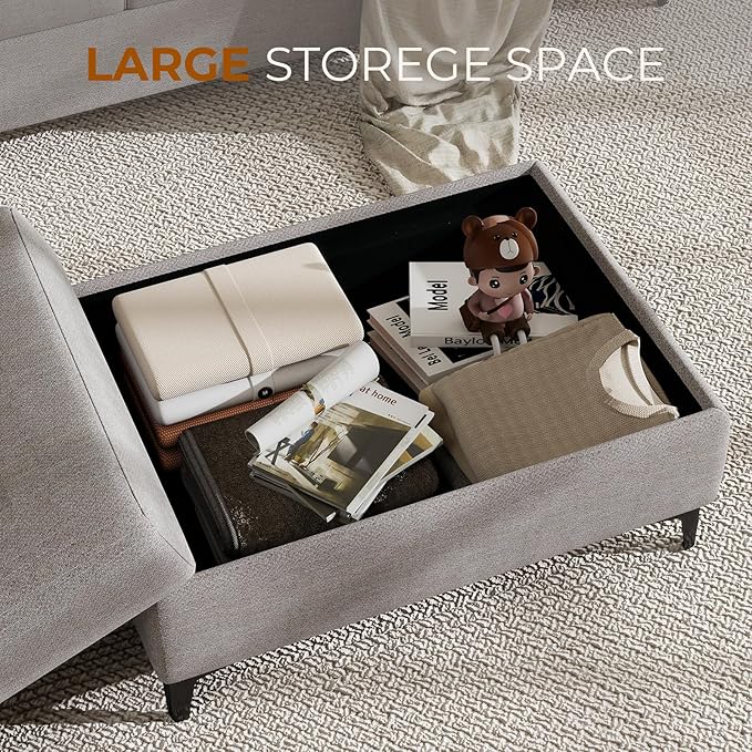 35" Large Storage Ottoman for Living Room, 7.8" Deep Seat Rectangular Ottoman Foot Rest for Couch, Chenille Storage Footstool Load 350 lb （Light Gray