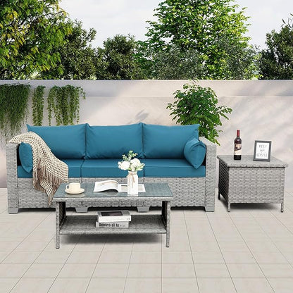 WAROOM Outdoor Couch 3 Seater Wicker Patio Sofa Grey Rattan Deep Seat Balcony Furniture Porch Seating with Peacock Blue Cushion