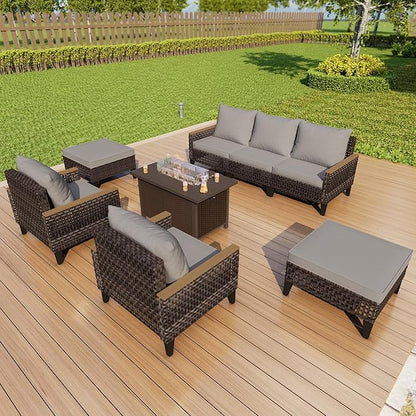 8 Pieces Patio Conversation Sets, Outdoor Furniture Set with Fire Pit Table, Wicker Rattan Sectional Modular Sofa Seating Set for Porch, Poolside, Deck, Balcony, Backyard, Yard, Garden (Gray Cushions)