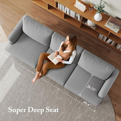 3 Seater Sofa Couch with Deep Seats, 89" Mid Century Modern Upholstered Sofa with Armrests, Comfy Couches for Living Room, Bedroom, Apartment and Office (Grey)