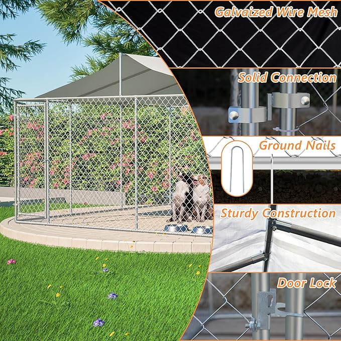 Outdoor Dog Enclosure Heavy Duty Dog Kennel House Mesh Outside Galvanized Chain Link Dog Run with Roof,Dog Cage Large Dogs Dog Pen Pet Kennel W/Waterproof Anti-UV Cover&Secure Lock for Large Dog