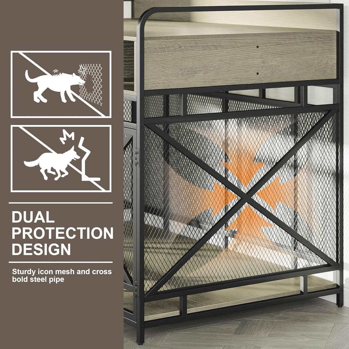 Dog Crate Furniture, 48" Heavy Duty Wooden Dog Crate End Table, XL Dog Kennel Furniture Large Breed, Decorative Dog Kennel Indoor with 3 Drawers & Steel Tubes 48" L x28 W x36 H (Grey)