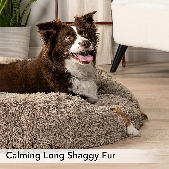 PetAmi Calming Dog Bed for Small Medium Dog Cat, Round Donut Dog Bed Washable, Fluffy Faux Fur Plush Cuddler Pet Kitten Cushion Bed, Anti-Slip, Fits up to 25 lbs, 23 inch, Taupe
