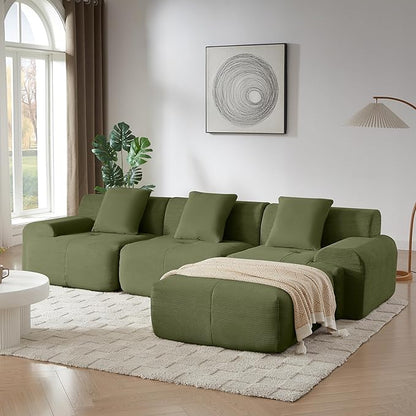 Cilee 113" Modular Sectional Sofa, Cloud Couch with Deep Seat, L-Shape Boneless Sofa, 3 Seat Memory Foam Sofa, No Assembly Required, Upholstered Couch for Living Room, Movable Ottoman, Corduroy, Green