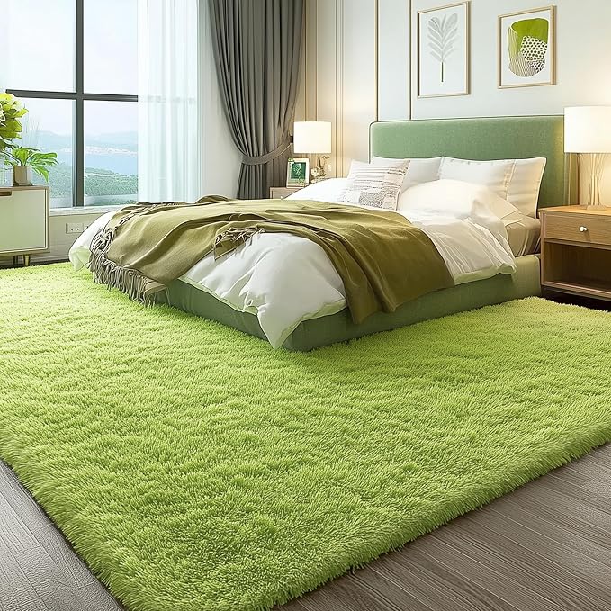OLANLY 9x12 Machine Washable Large Area Rugs for Living Room, Bedroom, Soft Fluffy Shaggy Bedside Rug, Indoor Floor Carpet for Kids Girls and Boys, Dorms, Nursery, Home Decor Aesthetic, Grass Green