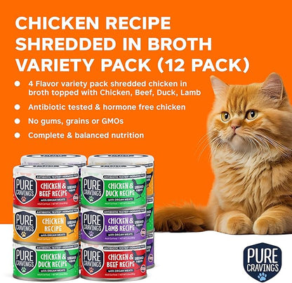 Pure Cravings Chicken Recipe in Broth, Shredded Wet Cat Food, Variety Flavor Pack: Chicken, Lamb, Duck, Beef; Grain-Free Protein, Non-GMO