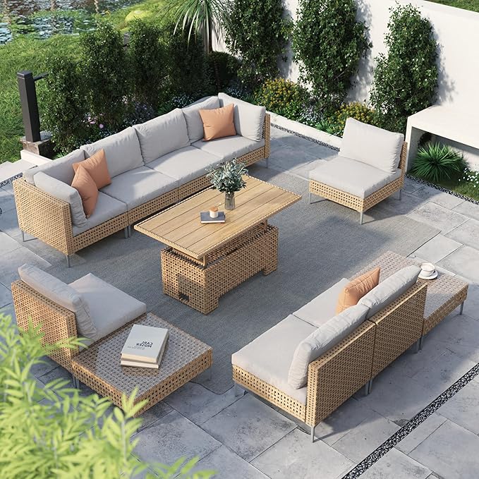 Grand patio 11-Piece Wicker Patio Furniture Set with Lift Top Coffee Storage Table, Outdoor Conversation Set Sectional Sofa with Water Resistant Thick Cushions, Cream