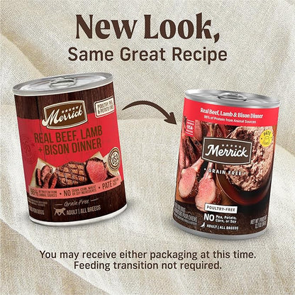 Merrick Grain Free Premium And Natural Canned Dog Food, Soft And Healthy Wet Recipe, Real Beef Lamb And Bison - (Pack of 12) 12.7 oz. Cans