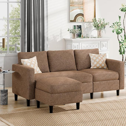 JAMFLY Sectional Sofa Couch Convertible L Shaped Sofas with Ottoman Small Sectional Couches for Living Room, 3 Seater Couch for Small Spaces, Brown