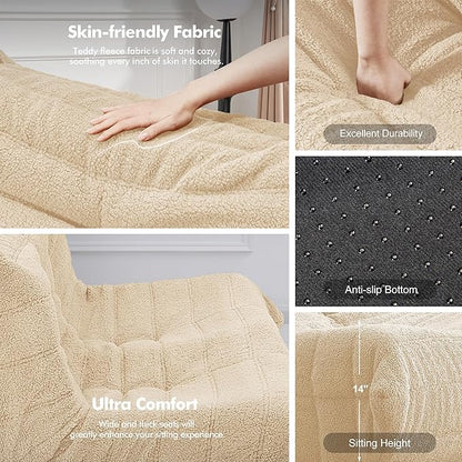Bean Bag Loveseat Chair Big Sofa Beanbag Chair for Adults Fireside Chair Bean Bag Lounger with Memory Foam Filled for Home,Apartment or Gaming Venue（Khaki Teddy）