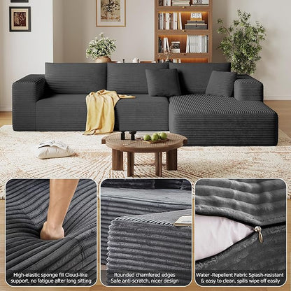 108'' Modular Sectional L-Shaped with Chair,Deep Seat Boneless Corner Couch for Living Room,Plush Corduroy Couch with Detachable Sofa Set,No Assembly(Right Facing Chaise，Gray)