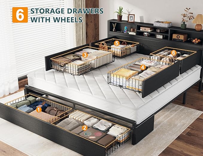 EnHomee King Size Bed Frame with 6 Storage Drawers King Bed Frame and Headboard, Storage Bed with Charging Station, No Noise,No Box Springs Needed,Black