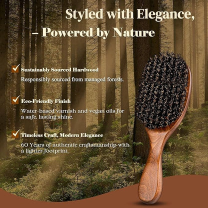 100% Boar Bristle Hair Brush Since 1965 British Craftsmanship | Handmade Natural Wooden Slick Back Hairbrush, Soft Bristles Gentle Smoothing Women Men Kids Thin Fine Hair, Anti Breakage