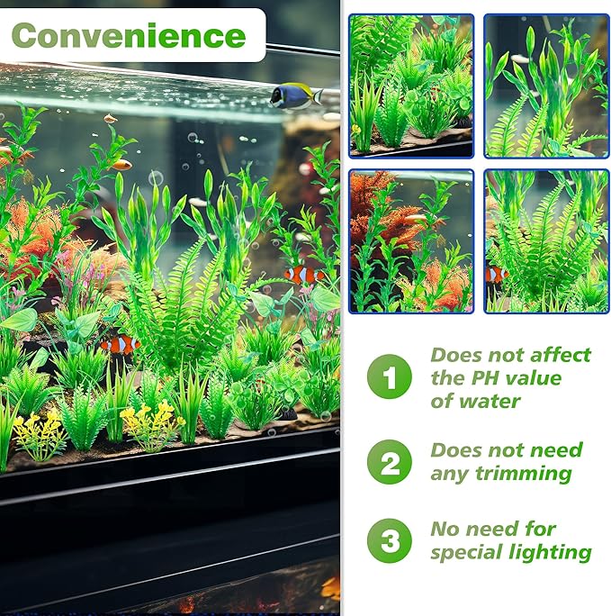 Ameliade Aquarium Artificial Green Plastic Plants Decorations 26 PCS Large Fish Tank Accessories Goldfish Betta Tank Decor