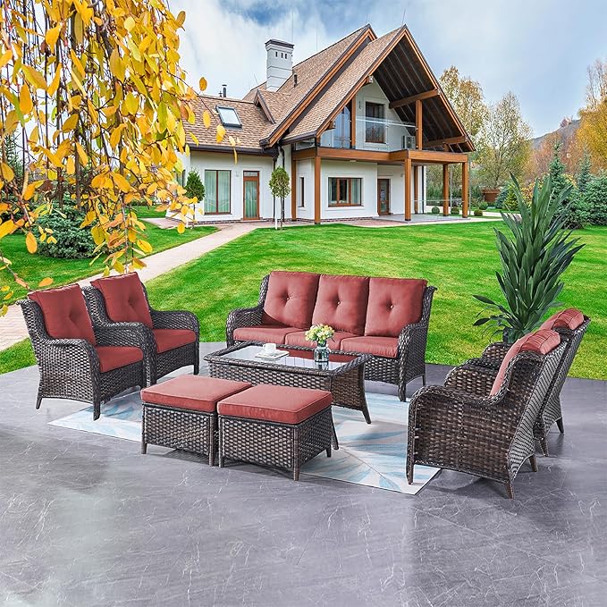 Rilyson Wicker Patio Furniture Chairs Set - 8 Piece Rattan Outdoor Patio Sectional Conversation Sets with 1 Sofa,4 Armrest Chairs,1 Coffee Table and 2 Ottomans for Porch Deck Garden(Brown/Red)