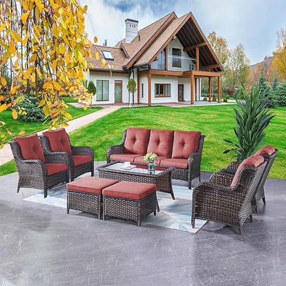 Rilyson Wicker Patio Furniture Chairs Set - 8 Piece Rattan Outdoor Patio Sectional Conversation Sets with 1 Sofa,4 Armrest Chairs,1 Coffee Table and 2 Ottomans for Porch Deck Garden(Brown/Red)