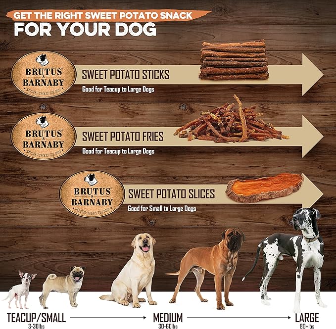 BRUTUS & BARNABY USA Sweet Potato Dog Treats - Crunchy Grain Free Cinnamon Apple Sticks, Promotes Positive Gut Health with Natural Anti-Diarrhea Properties (Cinnamon & Apple, 8 oz)