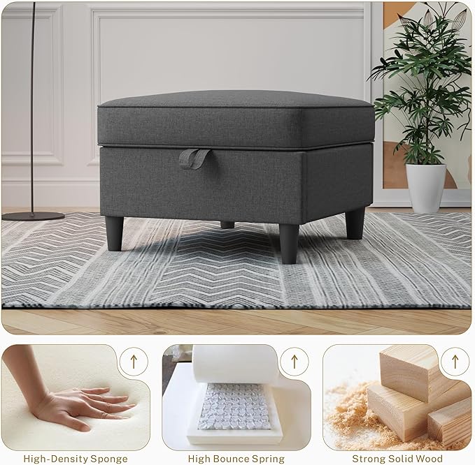 25 inch Square Storage Ottoman for Modular Sectional Sofa, Oversized Bench Ottoman Coffee Table Foot Stool, Convertible Sectional Couch for Living Room, Dark Grey