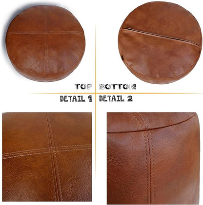 Thgonwid Unstuffed Faux Leather Pouf Cover, Handmade Footstool Ottoman Storage Solution, Floor Footrest Cushion, 16.5”Dx12”H, Amaretto